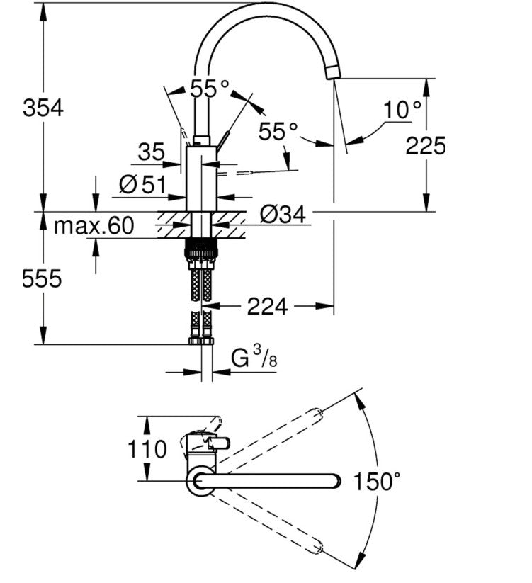 Grohe Eurosmart Cosmopolitan hoge keukenmengkraan met draaibaar uitloop, Chroom