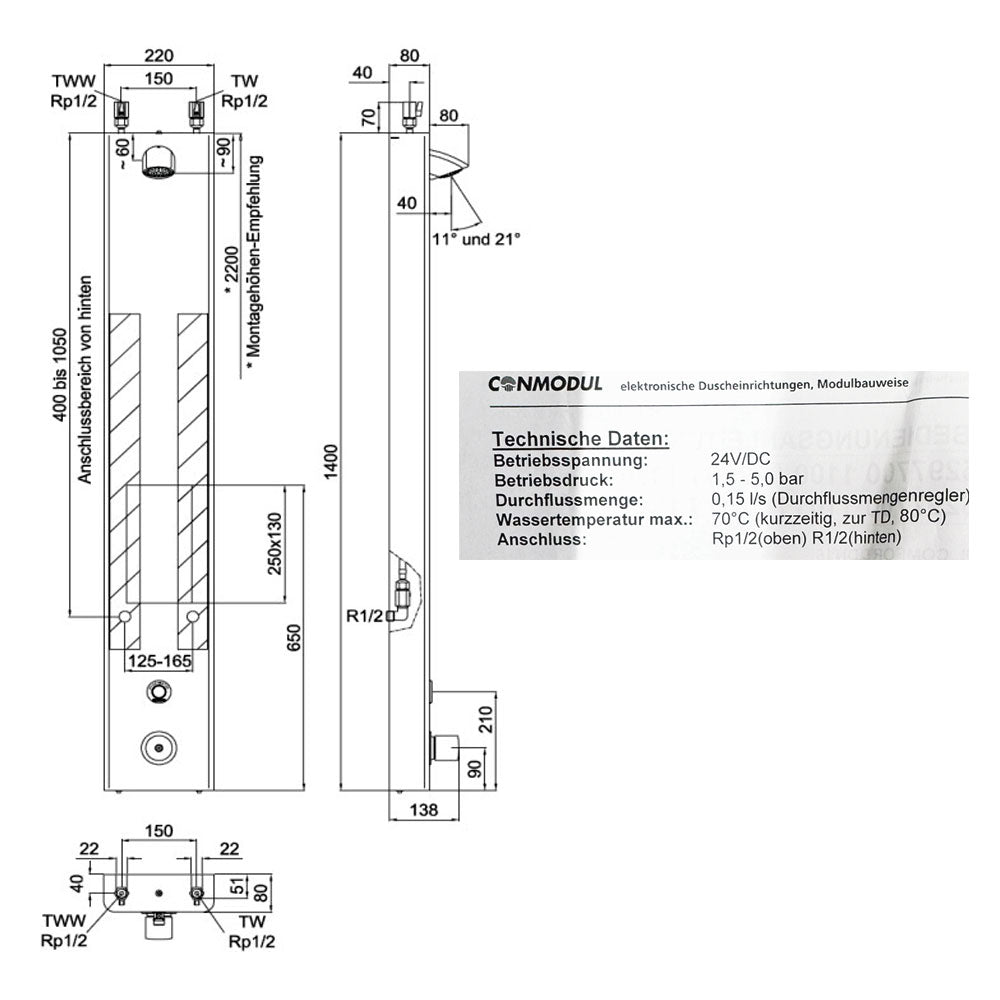 Conti Conmodul Comfort douchepaneel met geïntegreerde thermostaatkraan en piëzo bediening, RVS