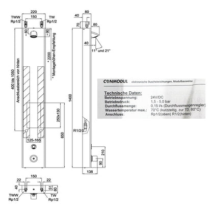 Conti Conmodul Comfort douchepaneel met geïntegreerde thermostaatkraan en piëzo bediening, RVS