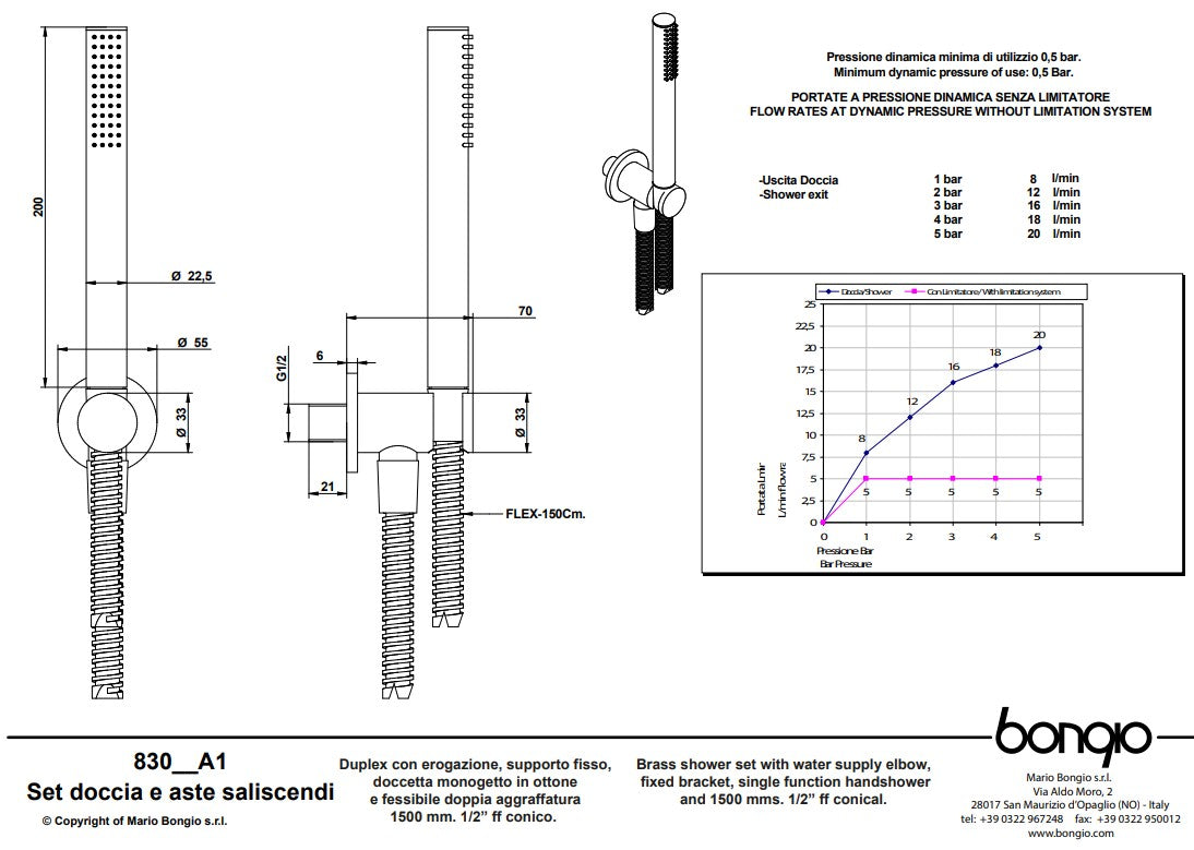 Bongio Squadra handdouche set met watertoevoer, geborsteld mat nikkel