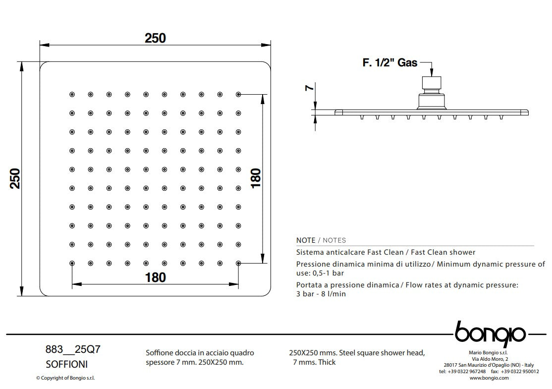 Bongio Wellness Quadro, vierkant hoofddouche 250 mm dikte 7 mm, Chroom