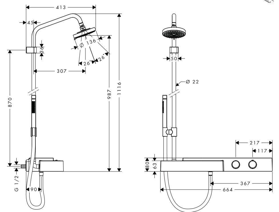 Hansgrohe Axor Bouroullec Showerpipe opbouw doucheset + planchet wit en chroom 