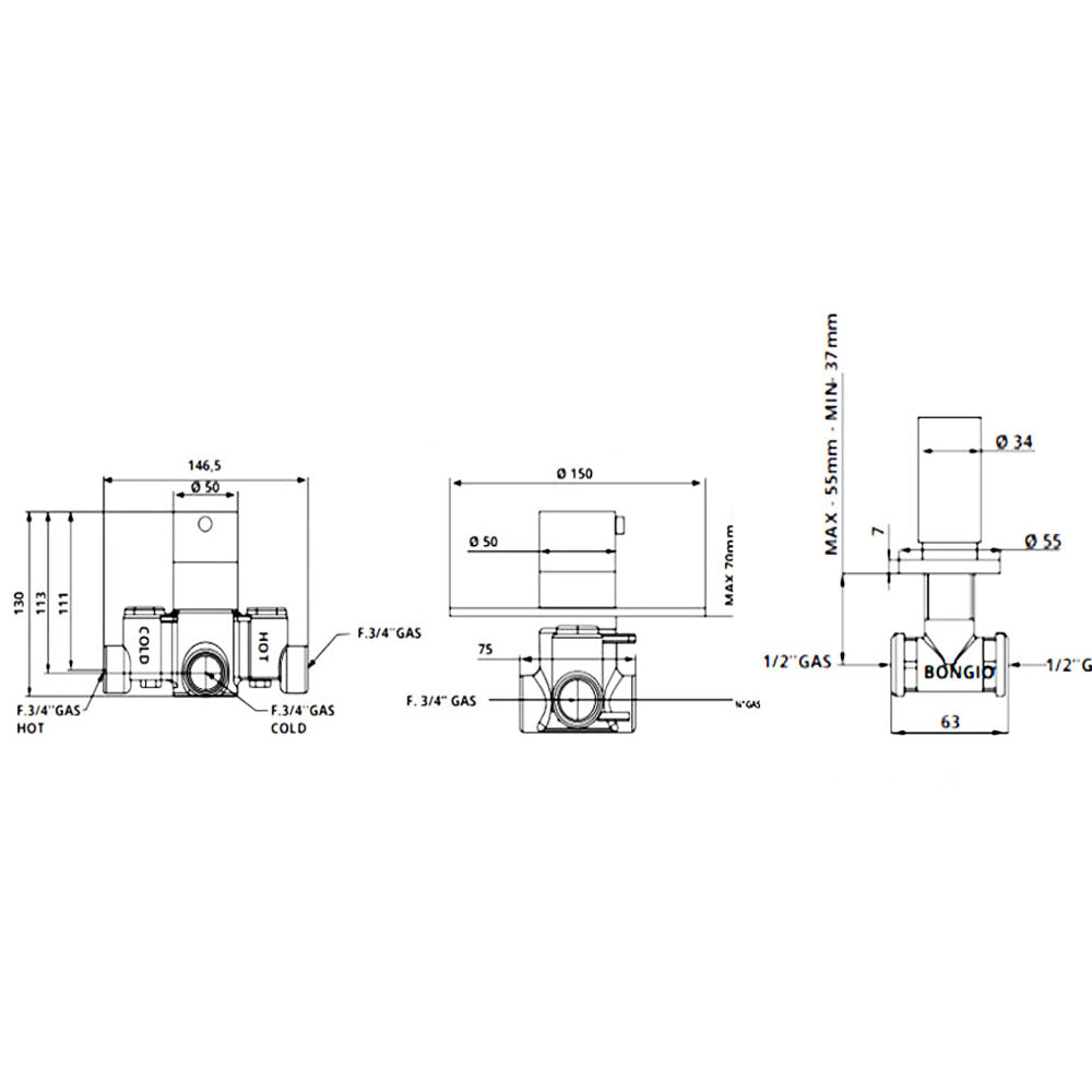 Bongio Squadra, Aqua inbouw centraal thermostaatkraan incl. twee inbouw stopkranen, Geborsteld mat nikkel