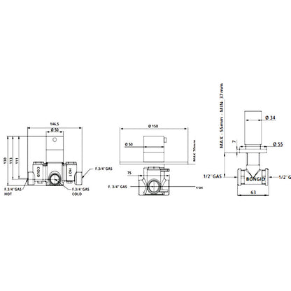Bongio Squadra, Aqua inbouw centraal thermostaatkraan incl. twee inbouw stopkranen, Geborsteld mat nikkel