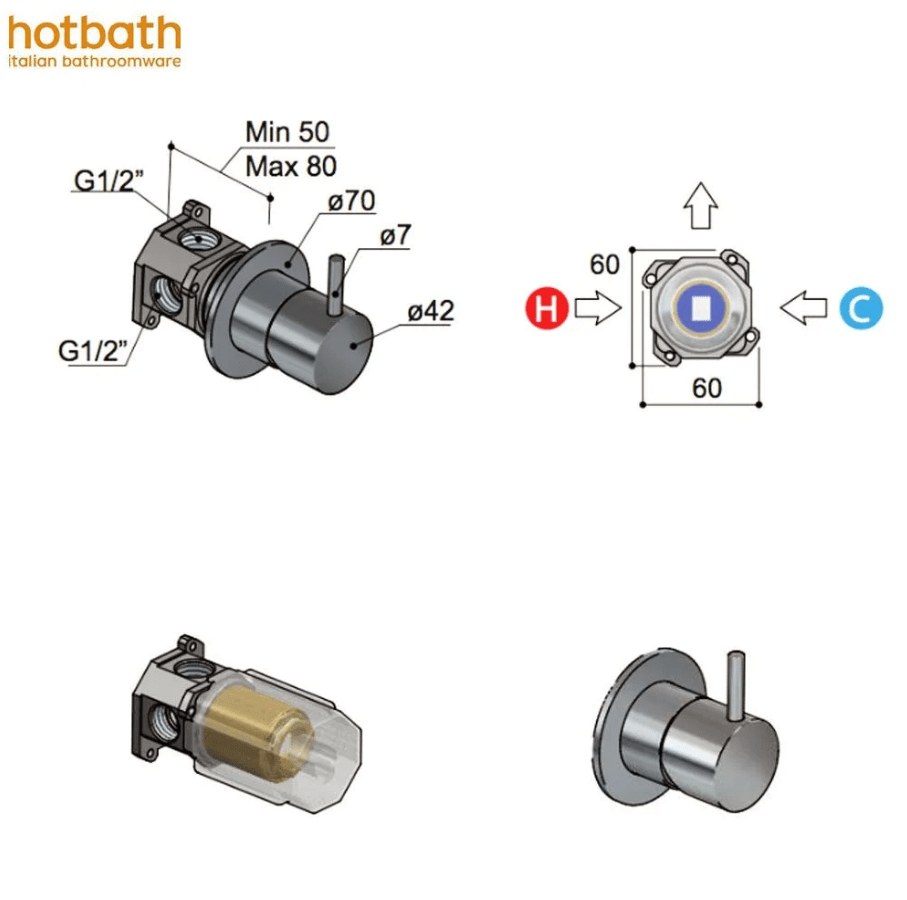 Hotbath Cobber Beam CB470 + CB031 design inbouw doucheset met 3 standen zonder omstel, geborsteld messing PVD