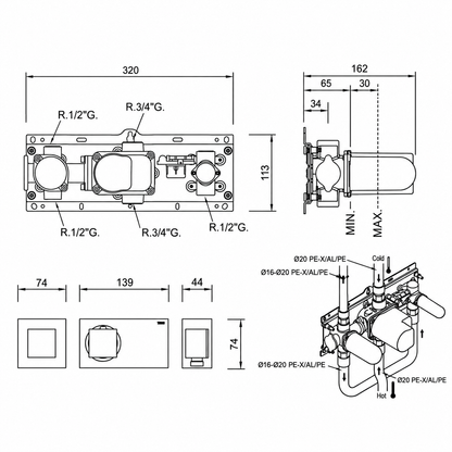 Tres B-System inbouwdoucheset met thermostaat en 30 cm hoofddouche – chroom