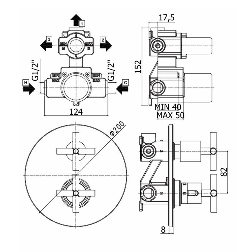 Paffoni Quattro QTV019CR Inbouw Thermostatische Douchemengkraan met 3-weg Omsteller, chroom