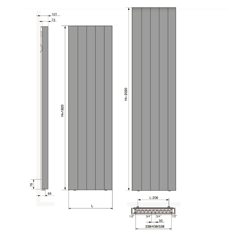 Vasco Vertiline VD CV-radiator 60,8 x 182 cm - 1680 W, mat antraciet M301