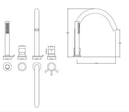 Waterevolution Flow 4-gats Badkraan voor Badrandmontage volledig PVD Gun Metal