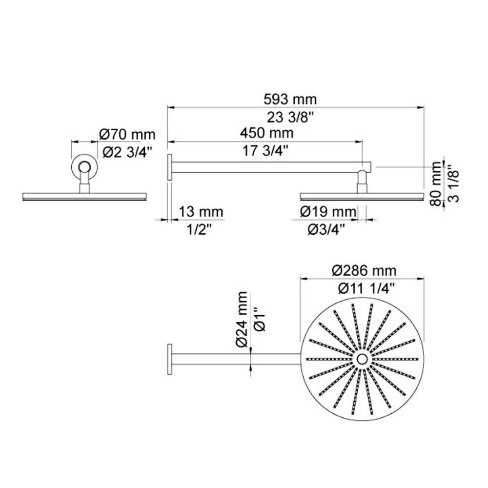 Vola 060-27 hoofddouche met wandarm Ø 286 cm, mat zwart
