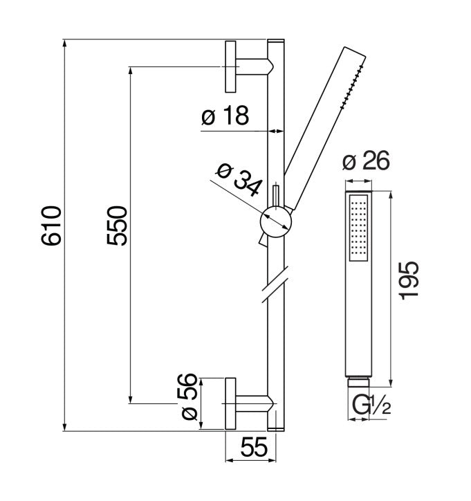 Nobili glijstang met wandgemonteerde handdouche in gunmetal PVD afwerking
