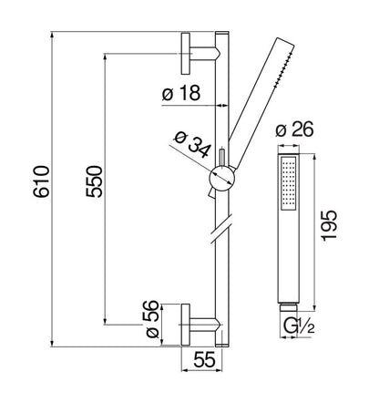 Nobili glijstang met wandgemonteerde handdouche in gunmetal PVD afwerking
