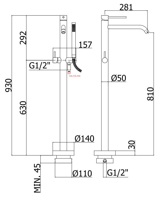 Paffoni Light Vrijstaande bad/douchemengkraan met omsteller en handdouche (inclusief inbouwdeel art. LIG030) mat zwart