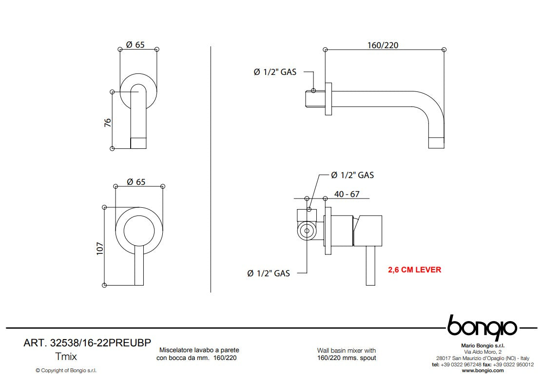 Bongio T mix inbouw wastafelkraan uitloop 22 cm, mat zwart