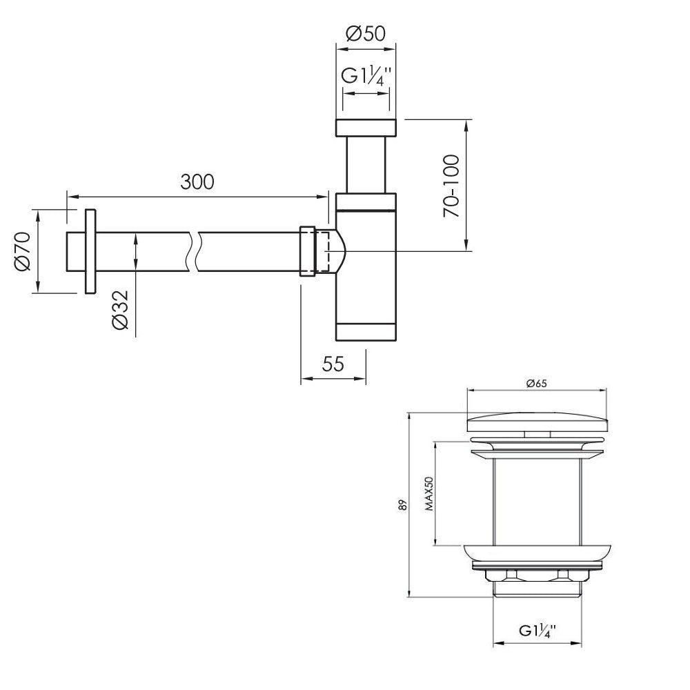 JEE-O Wastafel sifon Compact + Wastafelplug niet afsluitbaar, Geborsteld RVS