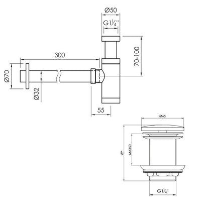 JEE-O Wastafel sifon Compact + Wastafelplug niet afsluitbaar, Geborsteld RVS