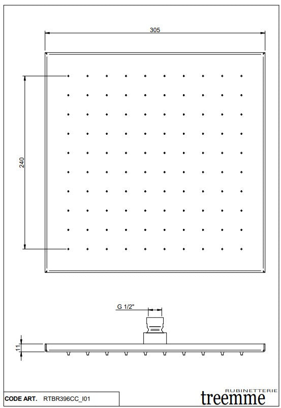 Treemme Shower and thermostatic vierkant hoofddouche 305 mm mat zwart
