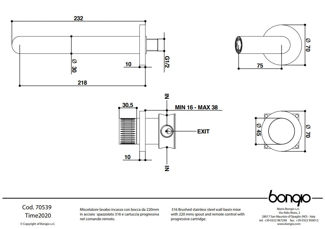 Bongio TIME2020 design wandmengkraan met progressieve cartridge, RVS