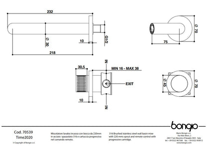 Bongio TIME2020 design wandmengkraan met progressieve cartridge, RVS