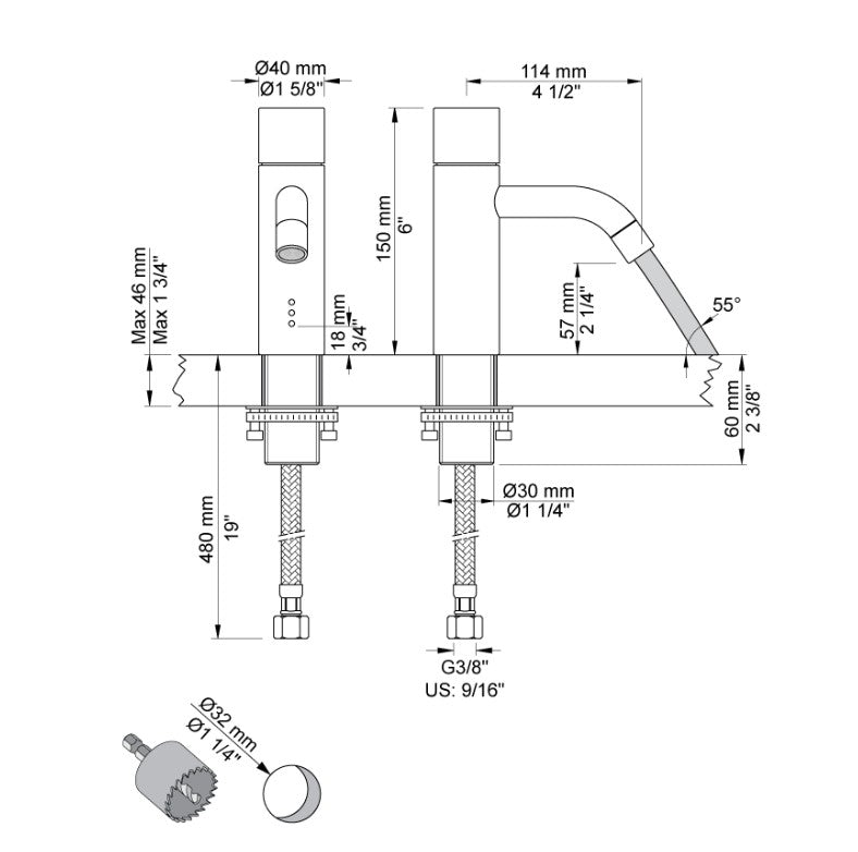Vola RB1EN-16 koudwater-wastafelkraan voor contactloze bediening op netstroom, chroom