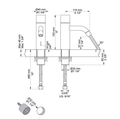 Vola RB1EN-16 koudwater-wastafelkraan voor contactloze bediening op netstroom, chroom