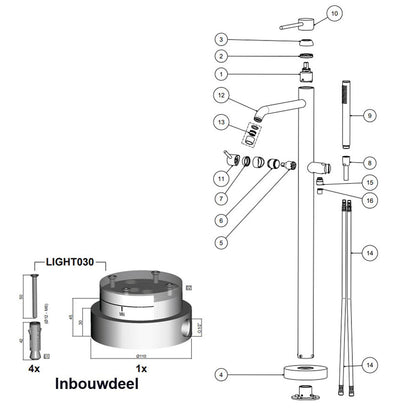 Paffoni Light Vrijstaande bad/douchemengkraan met omsteller en handdouche (inclusief inbouwdeel art. LIG030) mat zwart