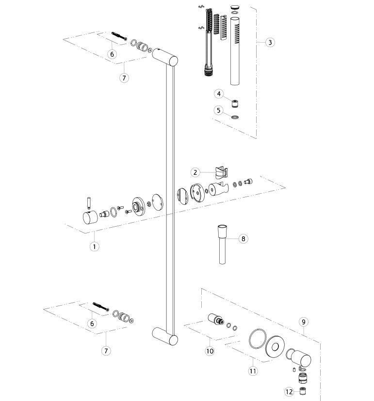 Gessi 316 Glijstang met antikalk-handdouche, 1,50 m flexibele slang en wateraansluiting gebosrsteld RVS