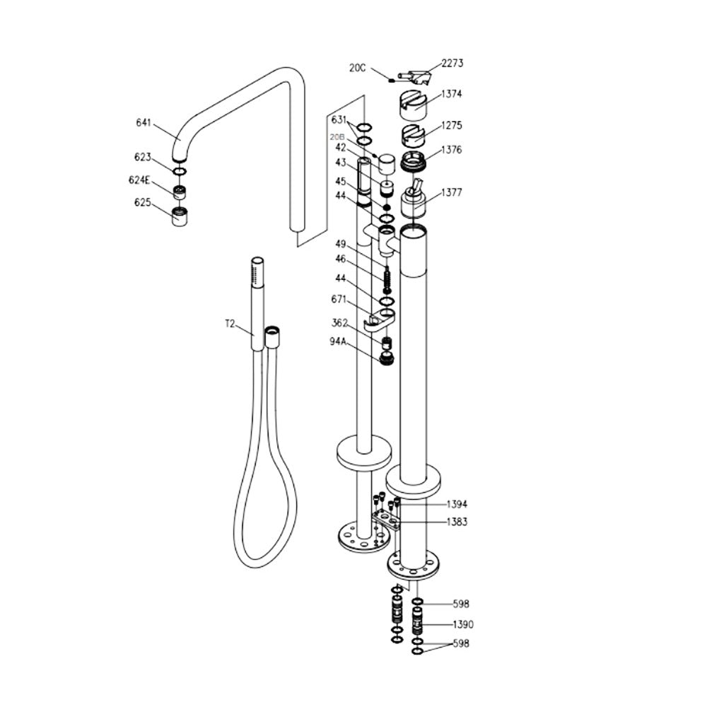 Vola FS1AP-65 vrijstaande design badmengkraan met handdouche in kleur goud met PVD bewerking