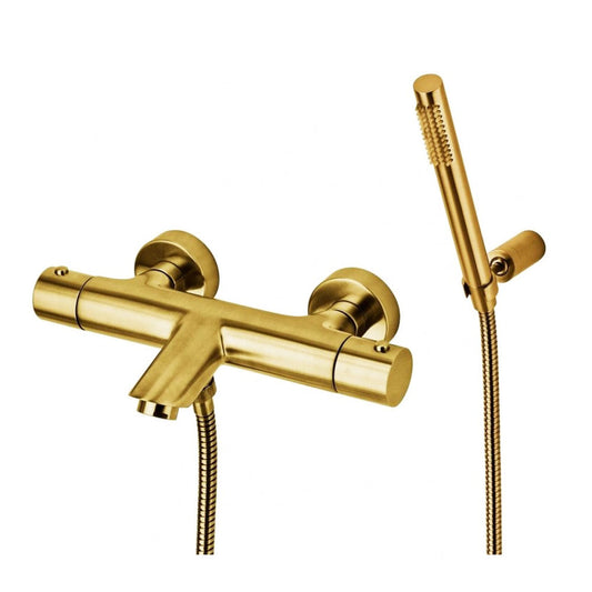 Paffoni Light thermostaat opbouw badmengkraan met doucheset geborsteld mat goud PVD