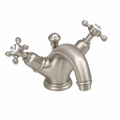 Perrin & Rowe traditional 1-gats wastafelkraan met kruisgrepen en waste inrichting, Mat Nikkel