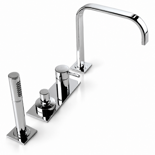 Ponsi Velamix 4-gats Italiaans design badrandmengkraan met omstel en handdoucheset, Chroom
