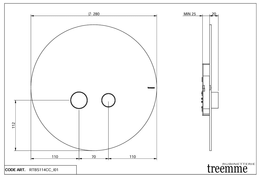 Treemme Rubinetterie design rond bedieningspaneel met 2 ronde drukknoppen ø280 mm RVS