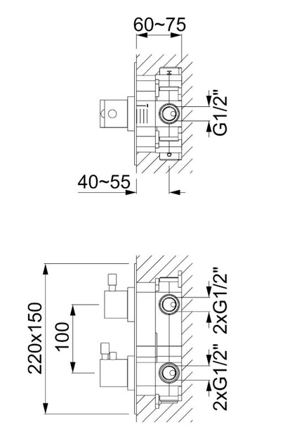 Varano 3-weg inbouw + afbouwdeel douche thermostaatkraan RVS PVD