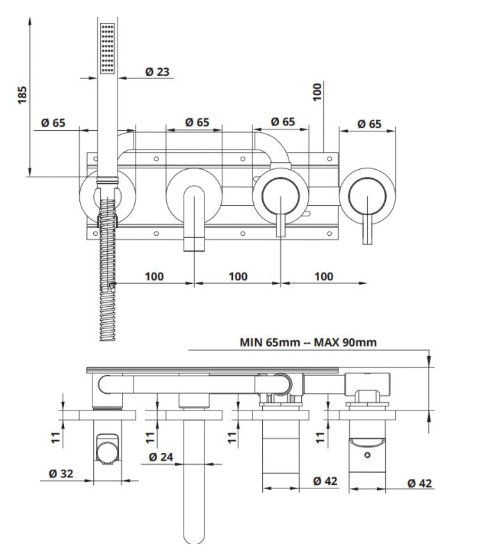 Bongio Squadra inbouw wand badmengkraan 22cm uitloop incl. handdoucheset en 2-weg omstel