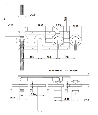 Bongio Squadra inbouw wand badmengkraan 22cm uitloop incl. handdoucheset en 2-weg omstel