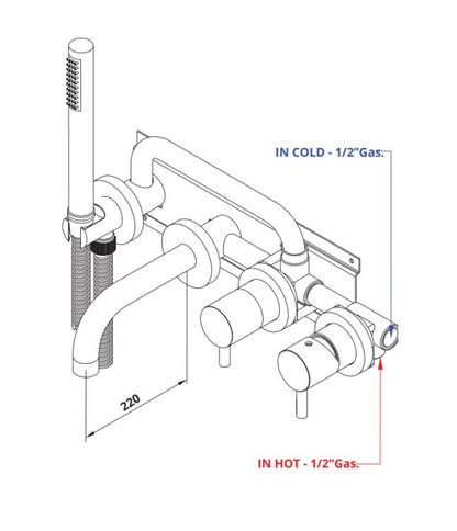 Bongio Squadra inbouw wand badmengkraan 22cm uitloop incl. handdoucheset en 2-weg omstel