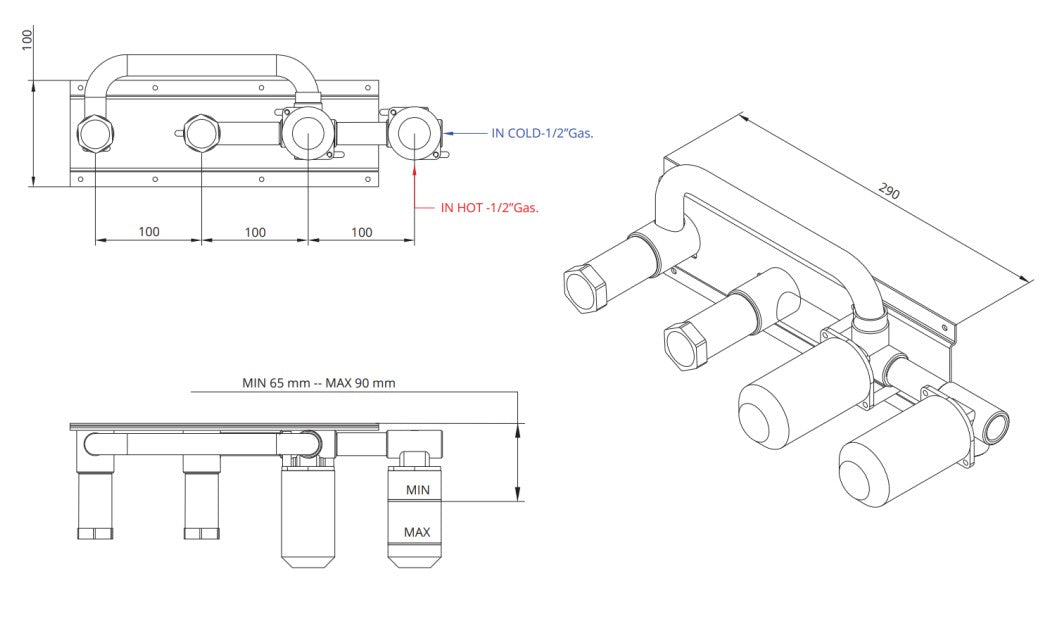 Bongio Squadra inbouw wand badmengkraan 22cm uitloop incl. handdoucheset en 2-weg omstel