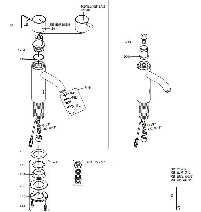 Vola RB1EN-16 koudwater-wastafelkraan voor contactloze bediening op netstroom, chroom