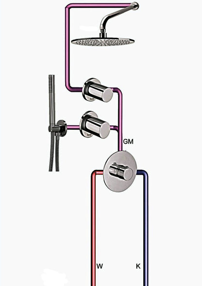 Bongio Squadra set inbouw thermostaatkraan incl. twee inbouw stopkranen hoofddouche 22,2cm, douchearm 35cm en handdoucheset, mat zwart