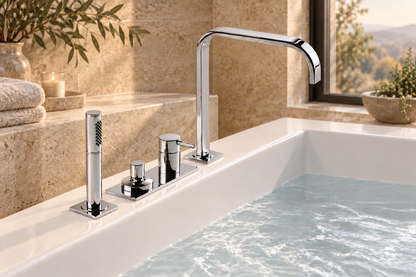 Ponsi Velamix 4-gats Italiaans design badrandmengkraan met omstel en handdoucheset, Chroom