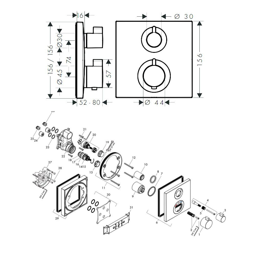 Hansgrohe Ecostat Square inbouw baddouche thermostaatkraan afbouwdeel chroom