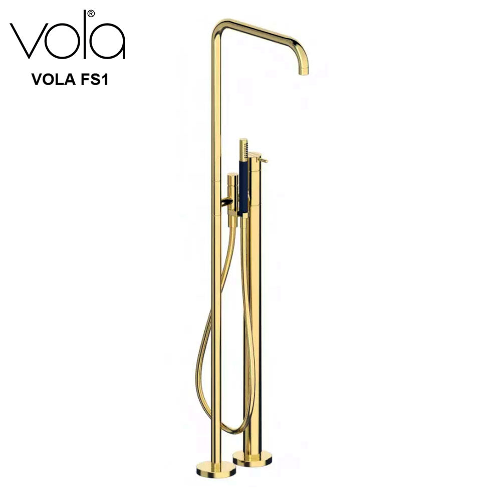 Vola FS1AP-65 vrijstaande design badmengkraan met handdouche in kleur goud met PVD bewerking