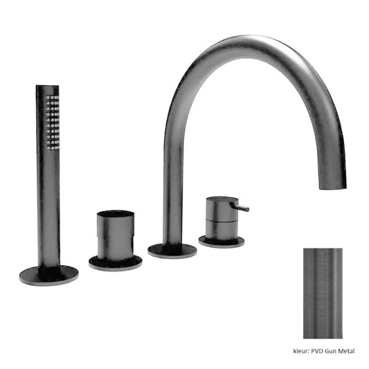 Waterevolution Flow 4-gats Badkraan voor Badrandmontage volledig PVD Gun Metal