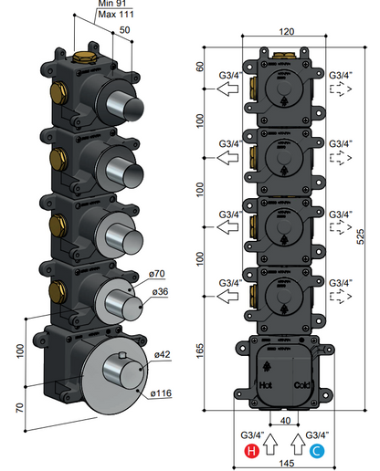 Hotbath MHF004 High Flow inbouwbox voor thermostaat met 4 stopkranen