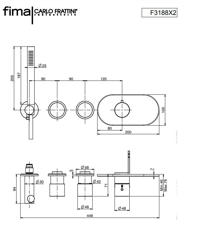 Fima Carlo Frattini design inbouw douchthermostaatset met 25 cm regendouche en wandbevestiging 2-weg geborsteld mat nikkel