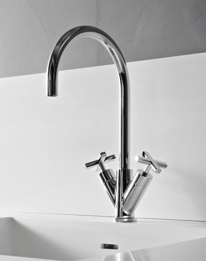 2 X Treemme Basetta Line met kruisgrepen hoge design wastafelkranen geborsteld nikkel