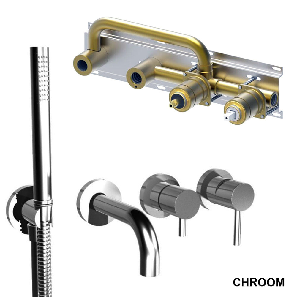 Bongio Project inbouw wand badmengkraan 16 cm uitloop incl. handdoucheset en 2-weg omstel