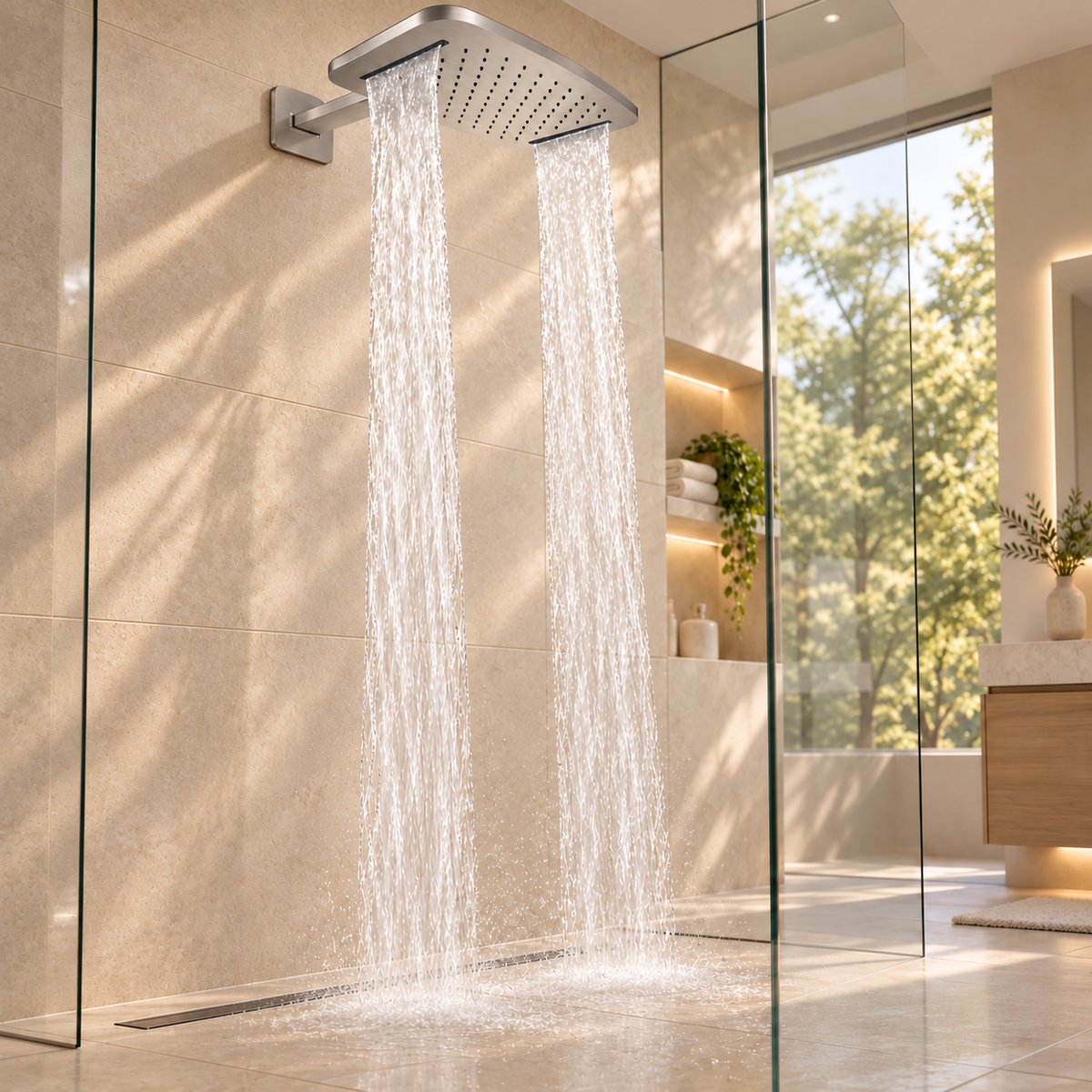 Wiesbaden Roca waterval hoofddouche met douchearm 40x25 Geborsteld Staal PVD