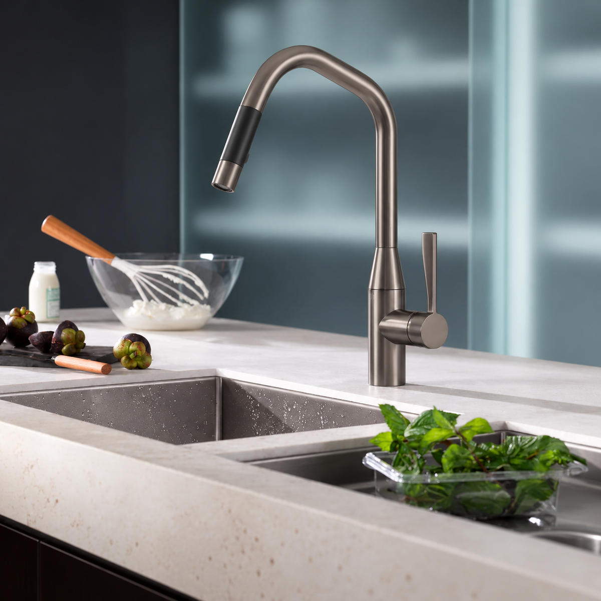 Dornbracht Sync 1 gats keukenkraan met uittrekbare handdouche 360° draaibaar Dark Platinum Mat