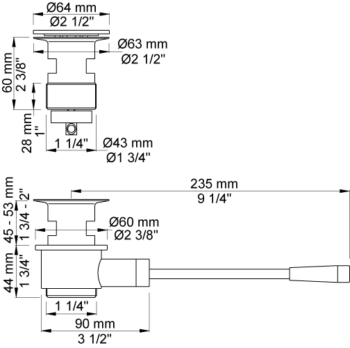 Vola A13-27 afvoerplug 1¼" met waste, hendelbediening mat zwart